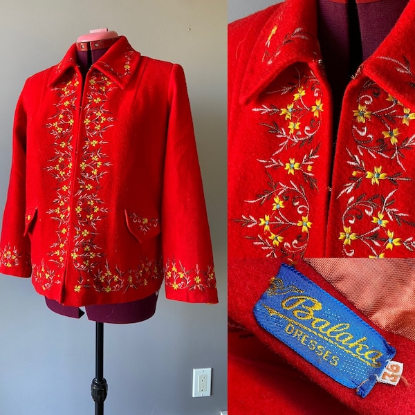 Vintage 1950s embroidered cropped  Jacket red wool