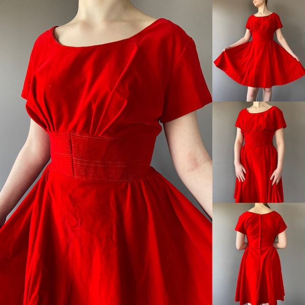 Vintage 1950s red velvet dress with trapunto waist detail