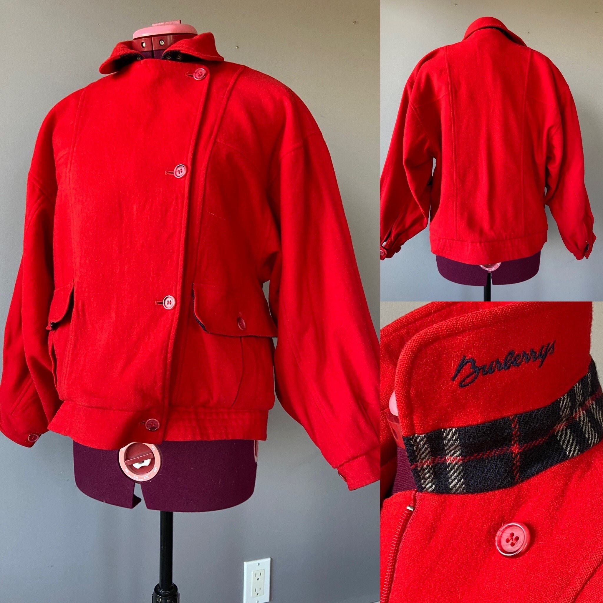 Vintage M/L 1990s Burberry Bomber Jacket in Red Wool - Etsy