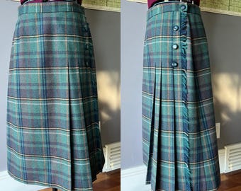 Spódnica plisowana z przodu w kolorze zielonym i niebieskim w stylu vintage o długości 29 cali