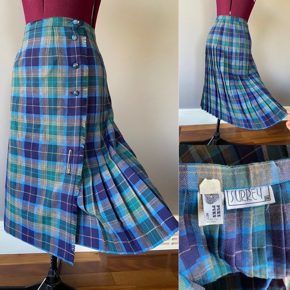 Vintage Green Blue Plaid Kilt Wrap Style Skirt L Tartan