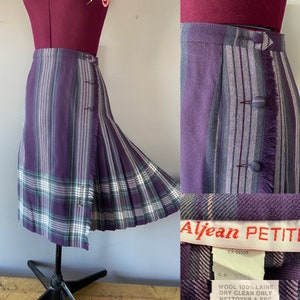 ヴィンテージ 26インチ 1970年代 パープル チェック柄 ラップアラウンド キルトスカート L タータン