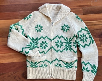 Vintage 1950s Cowichan sweater l Handmade l Siwash l Curling Sweater l Green