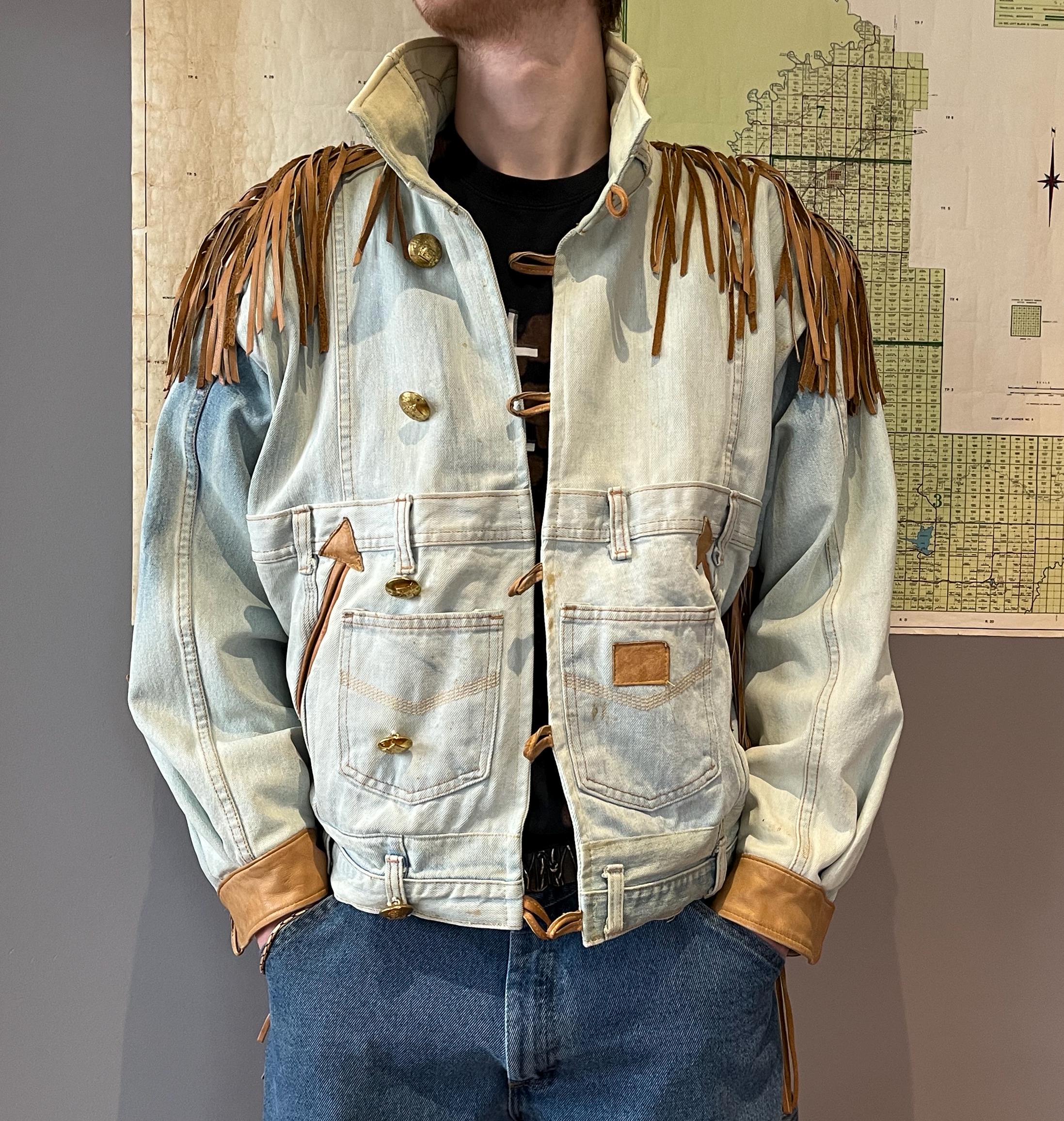 1980s Sm Denim & Leather Fringe Jacket L Mark Messier L Number 11