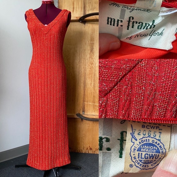 Vintage 1960s lurex Red Knit Maxi Dress l Sleeveless