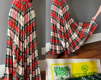 Vintage 24" 1970s pleated Red Plaid Maxi Skirt