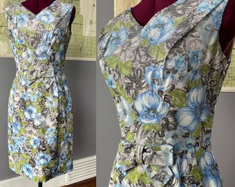 Vintage jaren 50 sprankelende cocktailjurk met bloemen en zilveren lurex