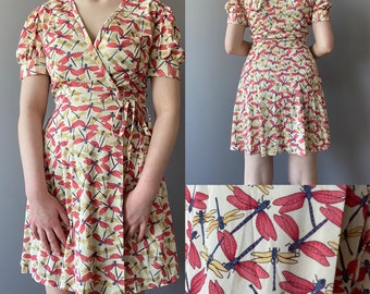 Vintage Small 1970s dragonfly mini wrap dress