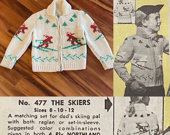 Vintage 1950s Child’s ‘The Skiers’ Cowichan sweater l Mary Maxim l Handmade l Siwash l Curling Sweater