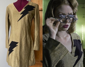 Vintage 1960s Gold Lurex Lightening Bolt Dress l Metallic l Mod
