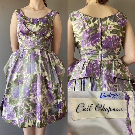 Vintage 1950s CEIL CHAPMAN Floral Purple and Green