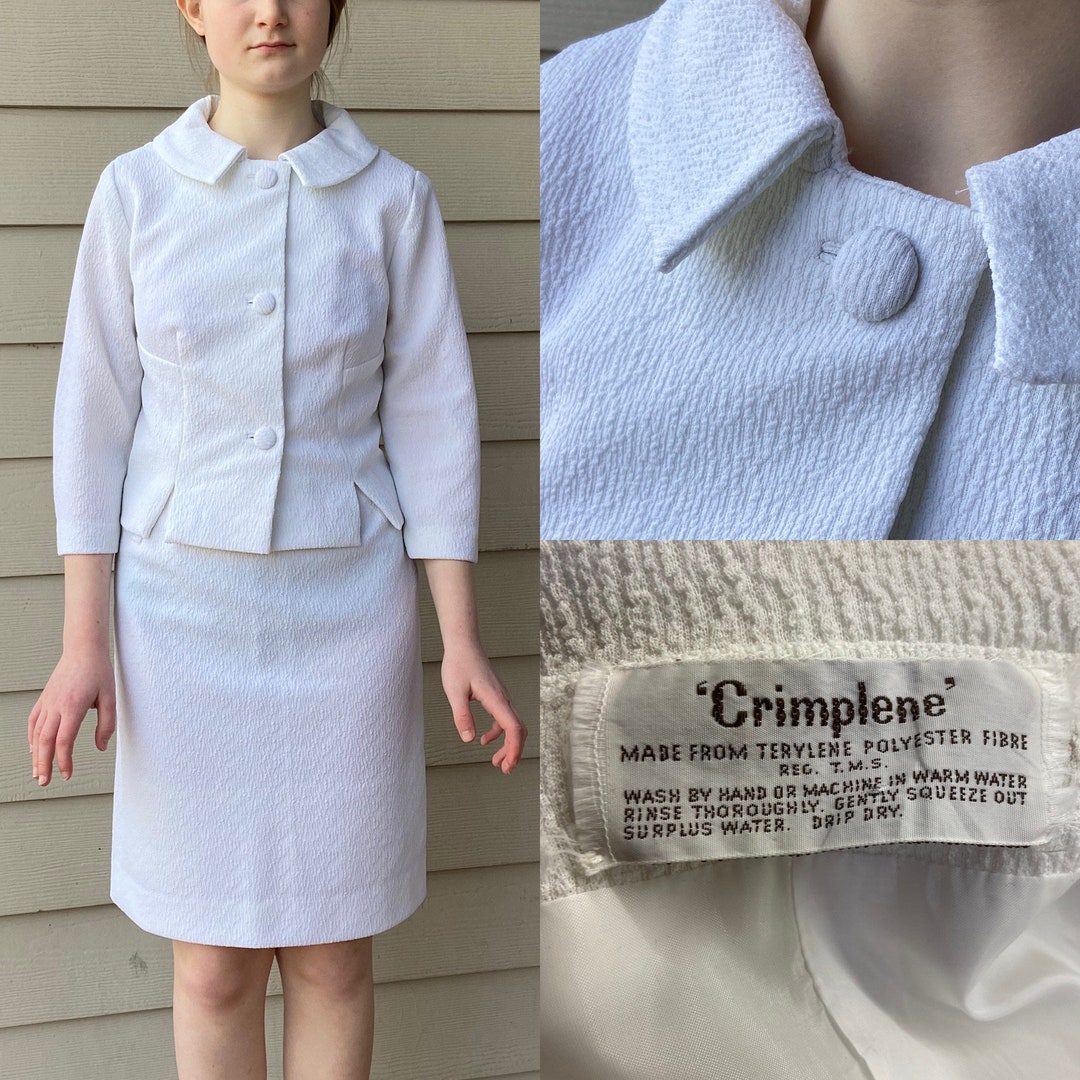 Vintage 1960s White Textured Crimplene Suit L Jackie O Mod Styling