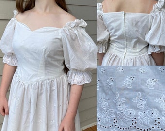 Vintage 1980s puffed sleeve white eyelet dress