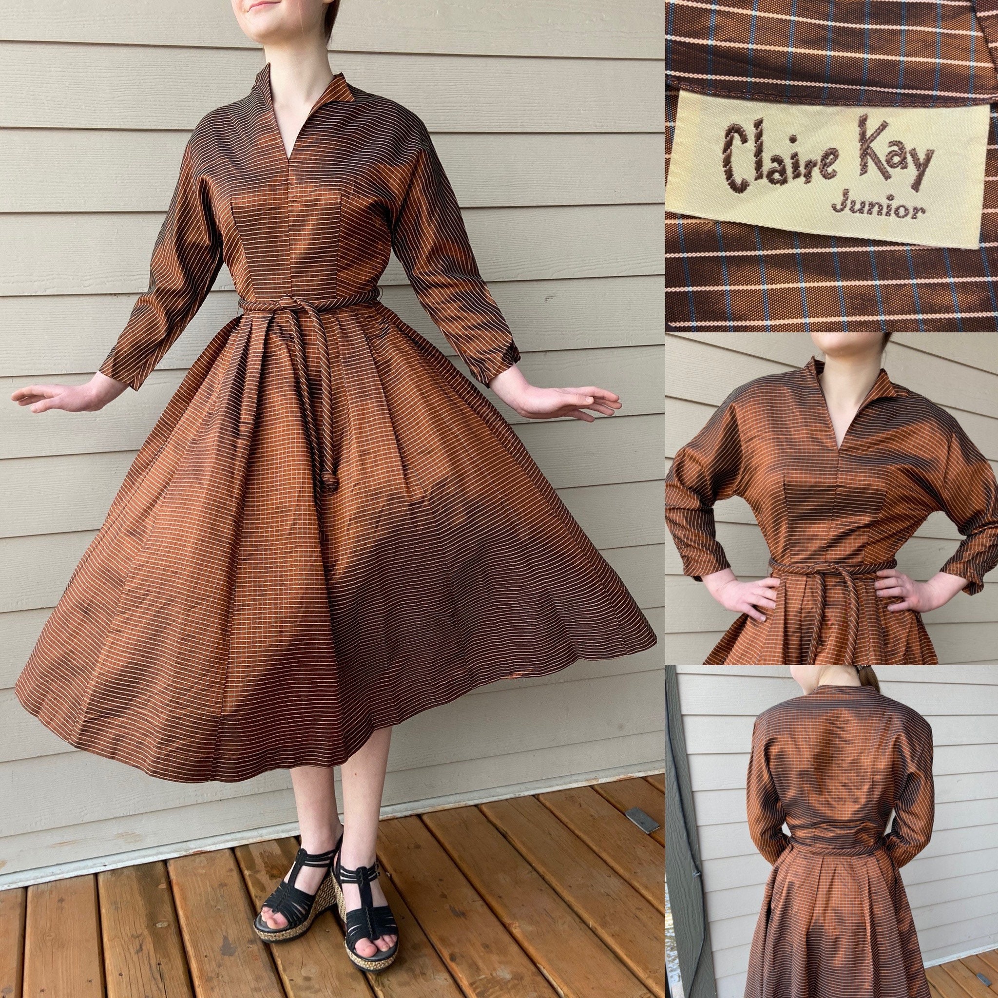 Vintage 1940s Sharkskin Taffeta XS Shimmery Brown Dress by