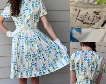 Sukienka w kwiaty w stylu vintage z lat 50. XX wieku, rozmiar XS, projektu Leslie Fay