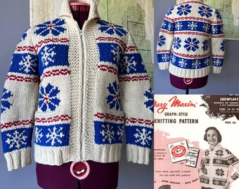 Rzadki sweter Mary Maxim Snowflake Cowichan z lat 50. XX wieku, ręcznie robiony, Siwash, kręcony sweter