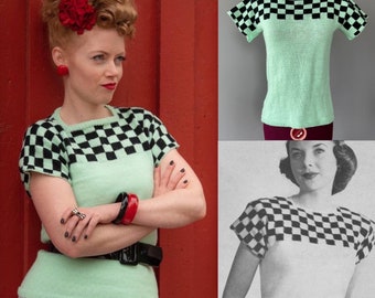 Vintage 1950s Style bad girl checkered tshirt, Handmade reproduction