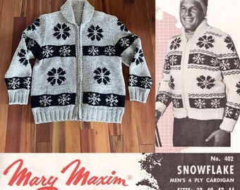 Klasyczny sweter Cowichan XL z lat 50. XX wieku, ręcznie robiony, Siwash, kręcony, w płatki śniegu