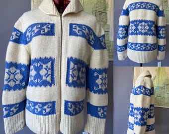 Rzadki sweter Cowichan z płatkami śniegu z lat 50. XX wieku w stylu vintage l Ręcznie robiony l Siwash l Sweter kręcony