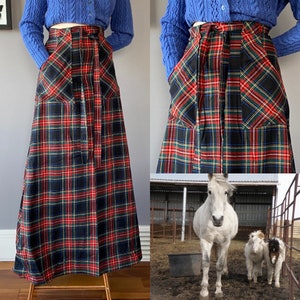 Vintage Medium 1970s Black Stewart tartan Maxi wrap around Skirt with front Pocket detail