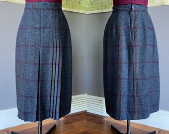 Spódnica plisowana w kształcie litery A w stylu vintage 27" z lat 70. i 40. w kolorze granatowym z tweedu