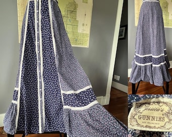 Vintage 28" jaren 1970 Jessica's Gunnies prairie micro bloemen en kanten rok