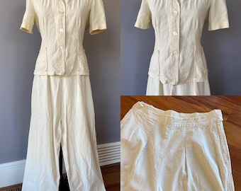 1940s XL Seersucker Pajama Set l Trousers l Blouse