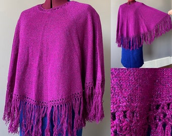 Vintage 1960s Sparkly purple Pullover Poncho with Fringe