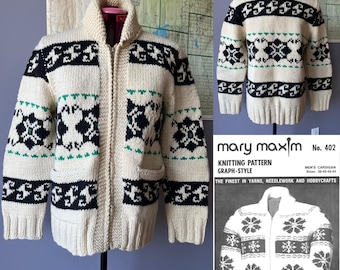 Rzadki sweter Mary Maxim Snowflake Cowichan z lat 50. XX wieku, ręcznie robiony, Siwash, kręcony sweter