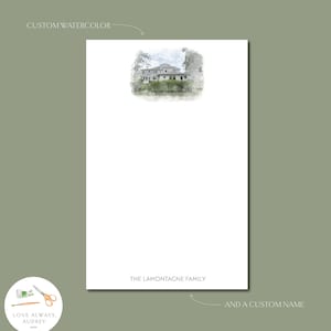 May include: Custom watercolor illustration of a house with a gray roof and white siding. The illustration is on a white background with the text "The Lamontagne Family" and "And a custom name" below the image.