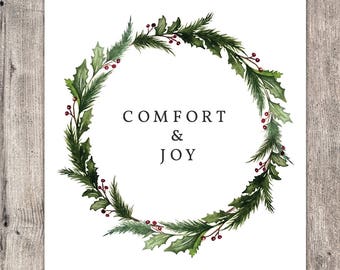 Christmas Printable, Comfort and Joy Print, Green Wreath Decor, Christmas Decoration, Christmas Wall Art, Watercolor Calligraphy Art