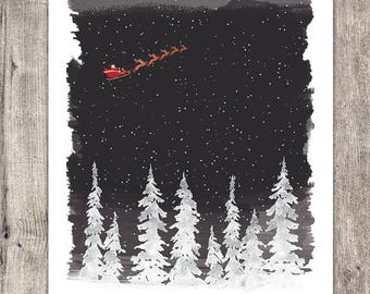 Christmas Trees Landscape, Printable, Digital Prints, Santa In the night, Print, Woodland Nursery, Christmas Home Decor, Wall Art