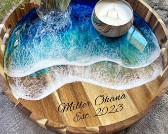 Ocean Tray 16 pouces fabriqué à Hawaï | Plateau de plage hawaïen | Cadeau de mariage à la plage | Cadeau de la fête des mères | Décor de maison de plage | Plateau en résine personnalisé