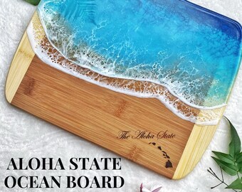 ALOHA STATE Planche océanique Maui fabriquée | Planche de charcuterie de plage | Planche de fromages d’Hawaï | Idées cadeaux | Plateau en résine | Art de l’océan d’Hawaï | Noël
