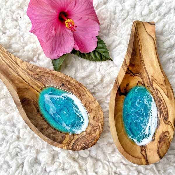 Made in Hawaii OLIVE wood Spoon rest | Handcrafted Ocean spoon rest made on Maui | Gift idea Aloha vibes | Hawaii Resin Art | Gift idea