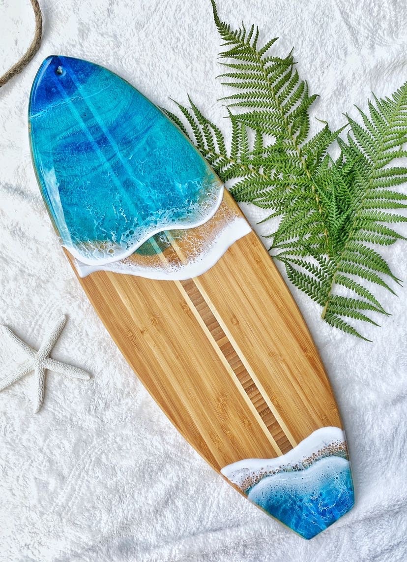 Tropical Bamboo Surfboard Shaped Cutting Board: Islands Stamp