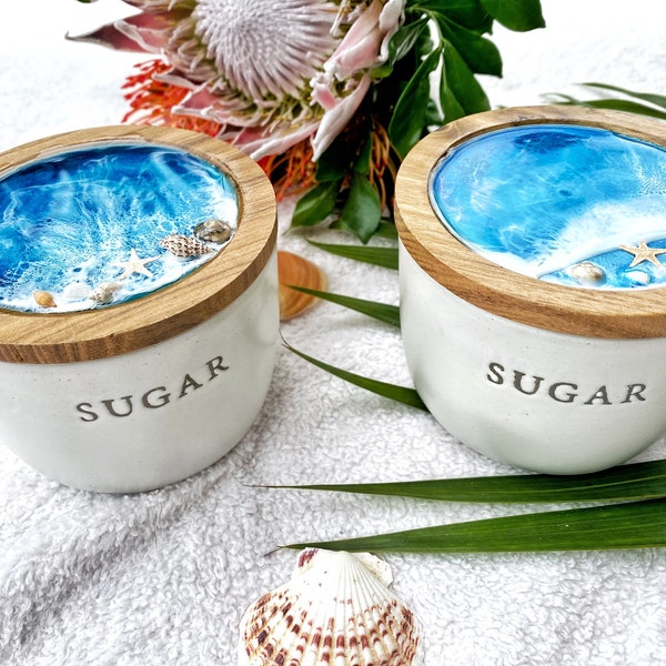 Sugar dish ocean themed made in Hawaii | Food storage | Beach House Decor | Gift idea Beach Sugar jar with lid