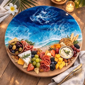 Beachy Resin lazy Susan made in Hawaii | Resin ocean tray | Lazy Susan Beach House style | Spice organizer | Cheese tray Hawaii Gift idea image 7