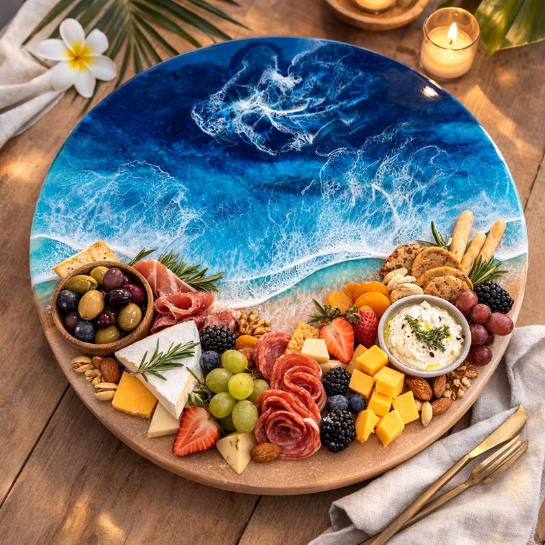 Beachy Resin lazy Susan made in Hawaii | Resin ocean tray | Lazy Susan Beach House style | Spice organizer | Cheese tray Hawaii Gift idea image 7