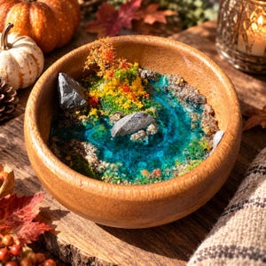 Könnte beinhalten: Eine runde Holzschale mit einem Miniatur-Landschaftsdiorama, das einen Teich aus durchscheinendem blauem Harz, graue Steine, grünes Moos und einen kleinen Baum mit gelbem und orangefarbenem Laub enthält und eine detaillierte Szene bildet.