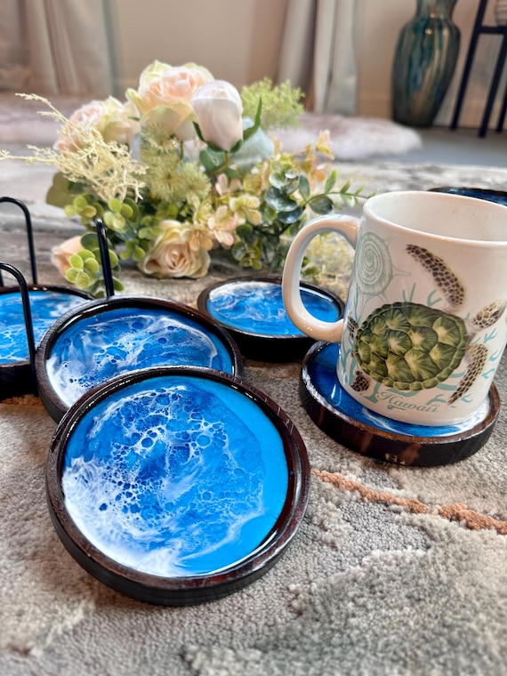 Handmade Resin Beach Coaster Set – Ocean Wave Design (Set of  Resin beach set coaster display picture 1