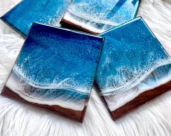 Walnut Ocean Coaster Set made on Maui | Resin beach coaster set Hawaii | Resin and wood coaster set of 4 | Beach house decor | Beach wedding