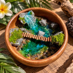 May include: A round wooden bowl containing a miniature landscape with a resin-poured turquoise pond, gray rocks, patches of green moss, and a small wooden bridge spanning the water. A translucent blue resin waterfall flows over a rock.