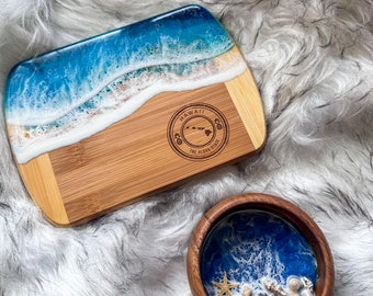 Petite planche HAWAI'I Ocean Fabriquée à Maui | Planche de charcuterie hawaïenne 8x6 | Planche de charcuterie de plage | Plateau de fromages océan | Idée cadeau | Art en résine