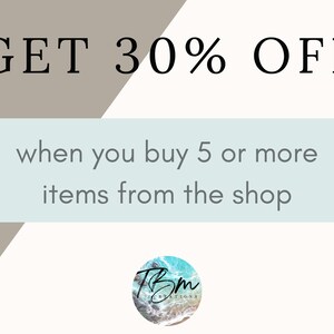 May include: Graphic with text "GET 30% OFF" in black font. Below, a light blue rectangle contains the text "when you buy 5 or more items from the shop." A circular logo with "TBM CREATIONS" is at the bottom.