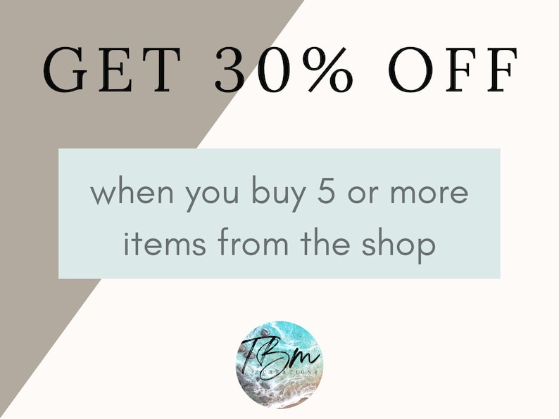 May include: Graphic with text "GET 30% OFF" in black font. Below, a light blue rectangle contains the text "when you buy 5 or more items from the shop." A circular logo with "TBM CREATIONS" is at the bottom.