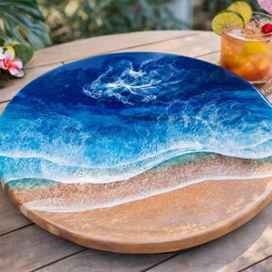 Beachy Resin lazy Susan made in Hawaii | Resin ocean tray | Lazy Susan Beach House style | Spice organizer | Cheese tray Hawaii Gift idea image 2