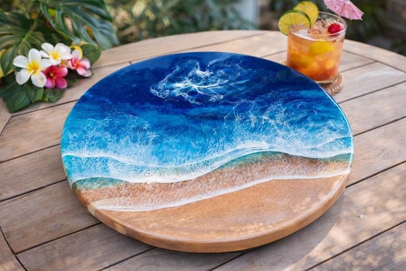 Beachy Resin lazy Susan made in Hawaii | Resin ocean tray | Lazy Susan Beach House style | Spice organizer | Cheese tray Hawaii Gift idea image 2