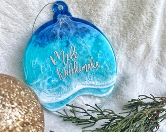 Ornement Mele Kalikimaka | Fabriqué à Hawaï Ocean Ornement | Ornement hawaïen | Souvenir d’Hawaï | Ornement en résine | Ornement de plage | Créations de tunnelier