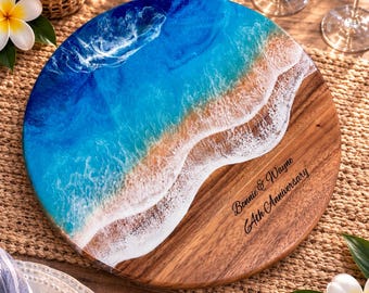 Custom Lazy Susan - Resin Ocean Lazy Susan Turntable with Custom Engraving, Personalized Charcuterie Board, Beach House Kitchen Décor, Gift